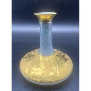 VTG BLUE Iridescent W/GOLD Leaf & Trim Porcelain Vase 6.5” Signed RARE